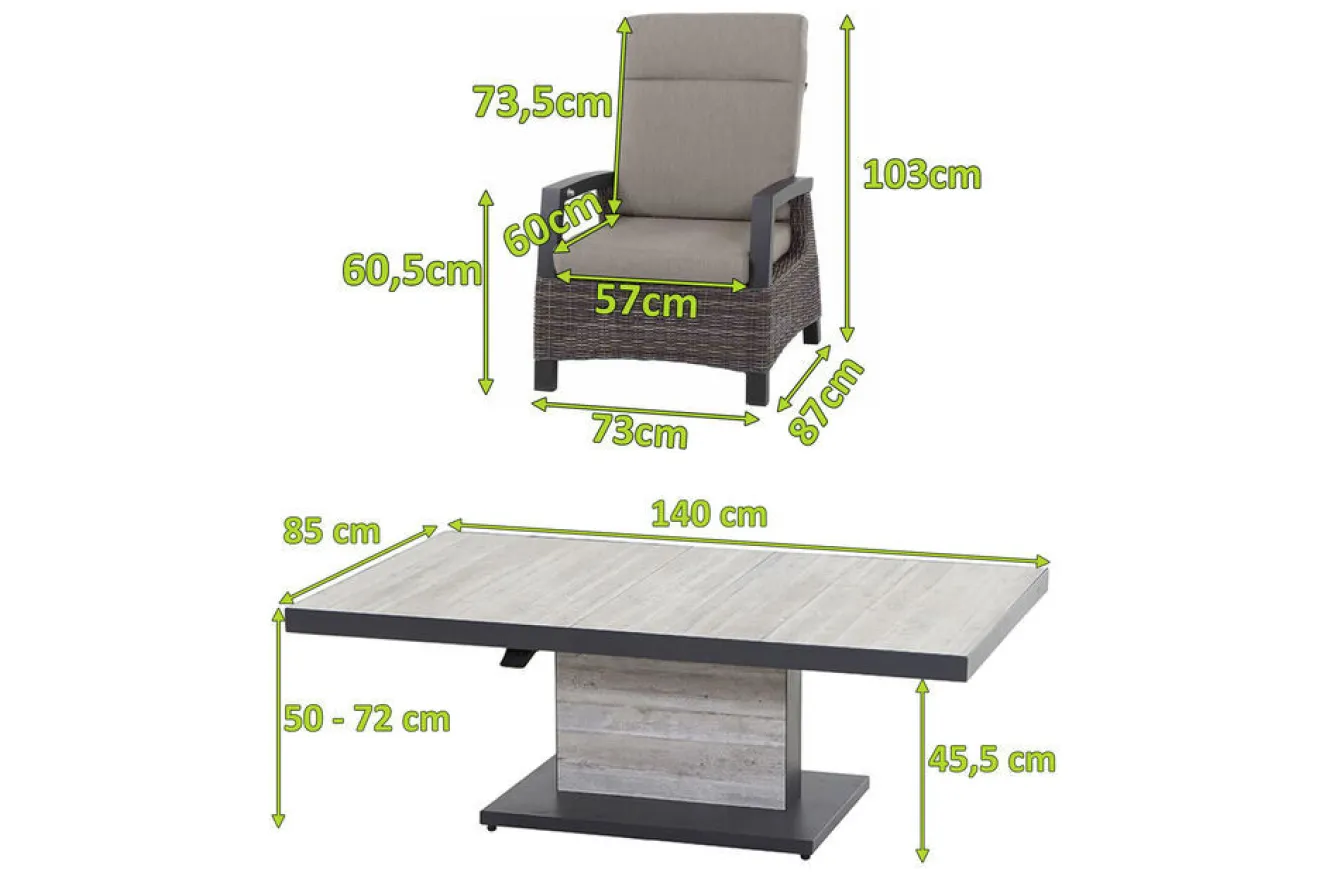 SIENA GARDEN Corido/Bellani Pinie Gartenlounge, charcoal/anthrazit/pinie-grau, Alu/Keramik/Gardino®-Geflecht, Lifttisch 140x85 cm, 4 Loungesessel