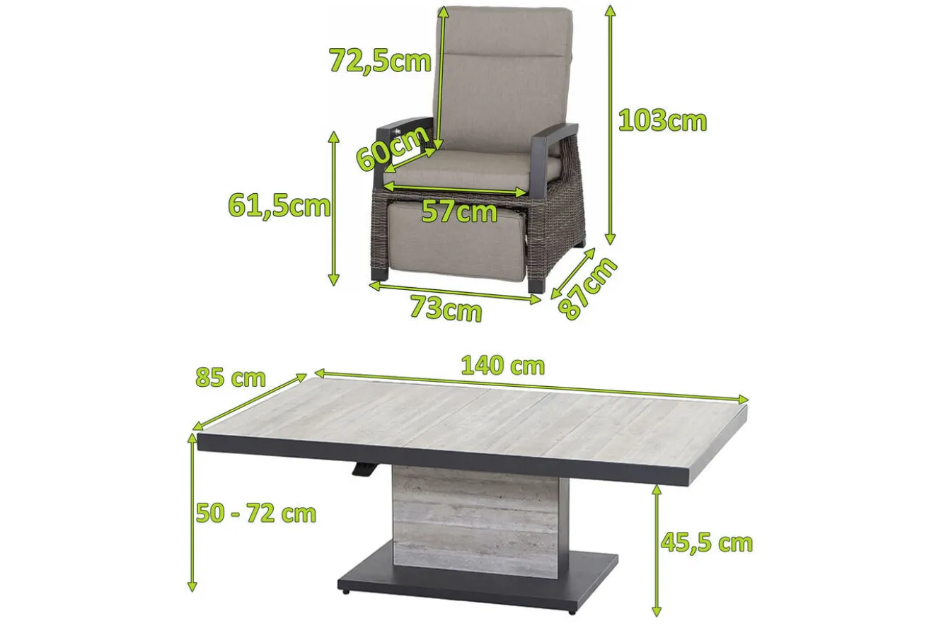 SIENA GARDEN Corido/Bellani Pinie Gartenlounge, charcoal/anthrazit/pinie-grau, Alu/Keramik/Gardino®-Geflecht, Lifttisch 140x85 cm, 4 Relaxsessel