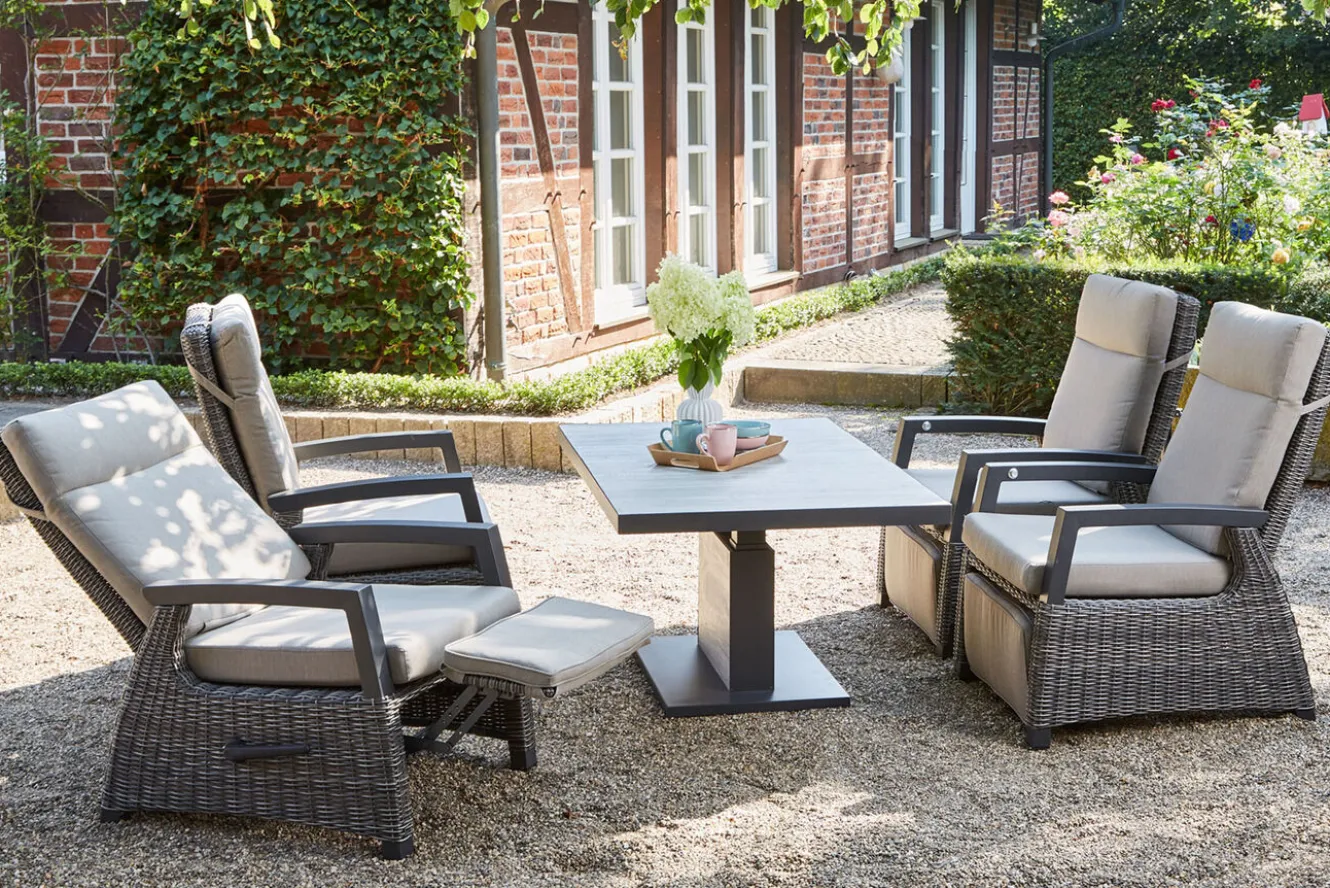 SIENA GARDEN Corido/Bellani Pinie Gartenlounge, charcoal/anthrazit/pinie-grau, Alu/Keramik/Gardino®-Geflecht, Lifttisch 140x85 cm, 4 Relaxsessel