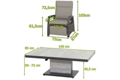 SIENA GARDEN Corido/Bellani Pinie Gartenlounge, charcoal/anthrazit/pinie-grau, Alu/Keramik/Gardino®-Geflecht, Lifttisch 140x85 cm, 4 Relaxsessel