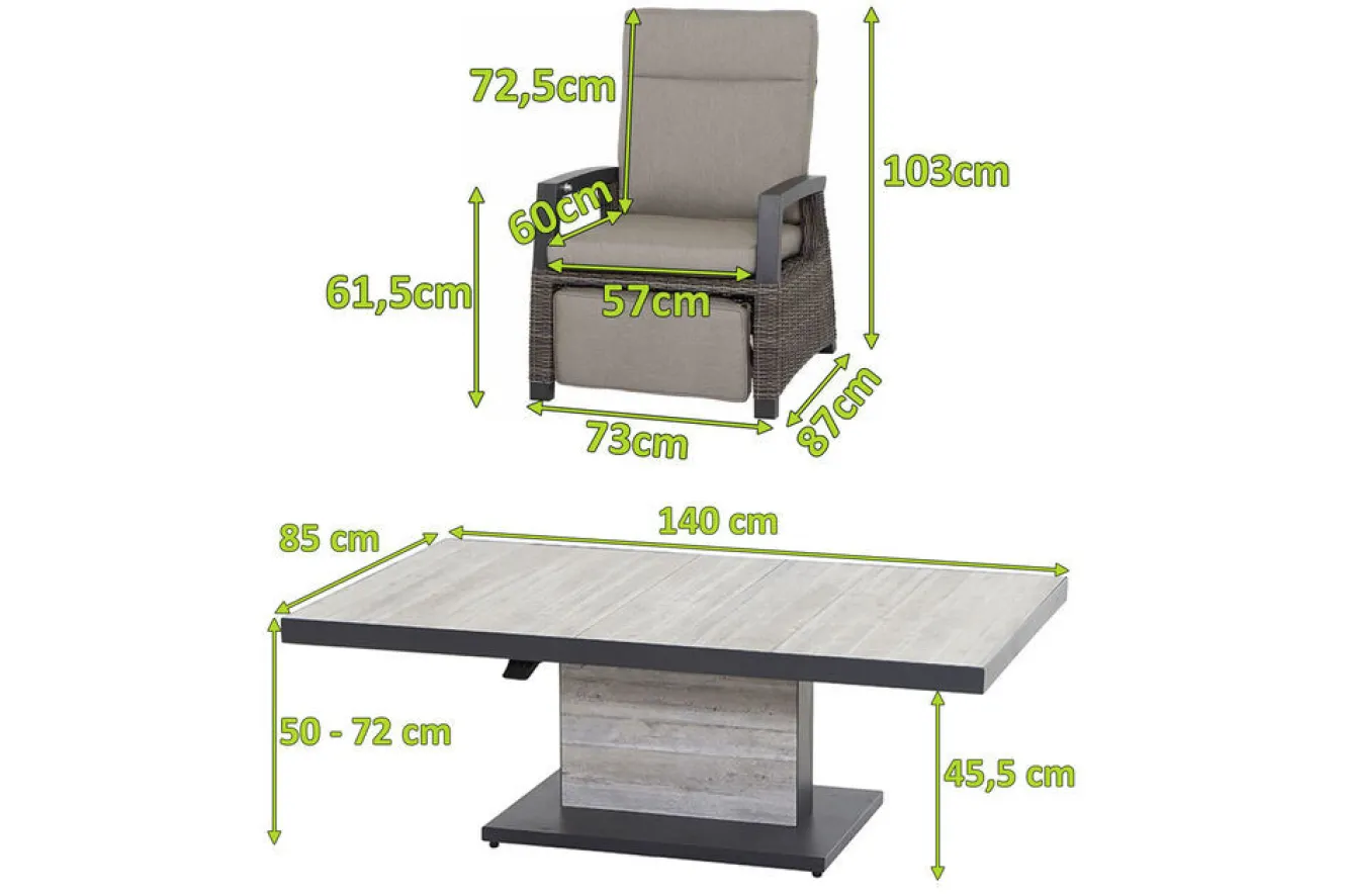 SIENA GARDEN Corido/Bellani Pinie Gartenlounge, charcoal/anthrazit/pinie-grau, Alu/Keramik/Gardino®-Geflecht, Lifttisch 140x85 cm, 4 Relaxsessel