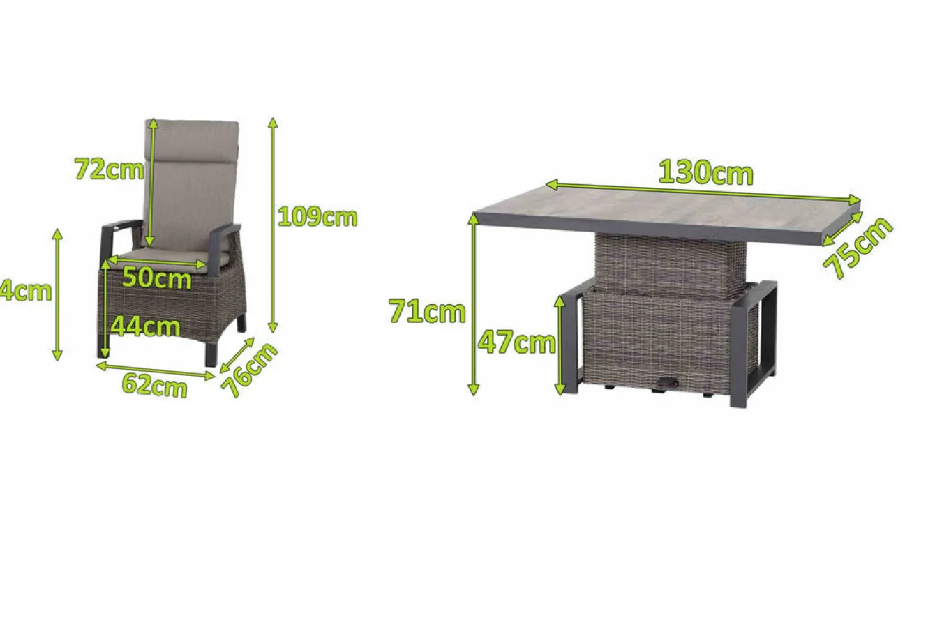 SIENA GARDEN Corido Garten-Essgruppe, charcoal, Alu / Gardino®-Geflecht, 4 Diningsessel, stufenloser Lifttisch 130x 75 x 47-71 cm