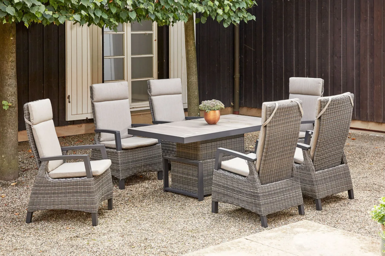 SIENA GARDEN Corido Garten-Essgruppe, charcoal, Alu / Gardino®-Geflecht, 6 Diningsessel, stufenloser Lifttisch 160 x 90 x 47-71 cm
