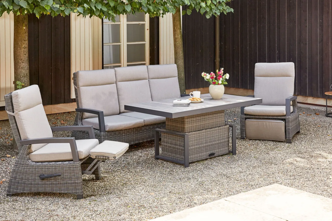 SIENA GARDEN Corido Gartenlounge, charcoal, Alu/Gardino®-Geflecht, 2 Relaxsessel + 3er Sofa, stufenloser Lifttisch 160x90x47-71cm