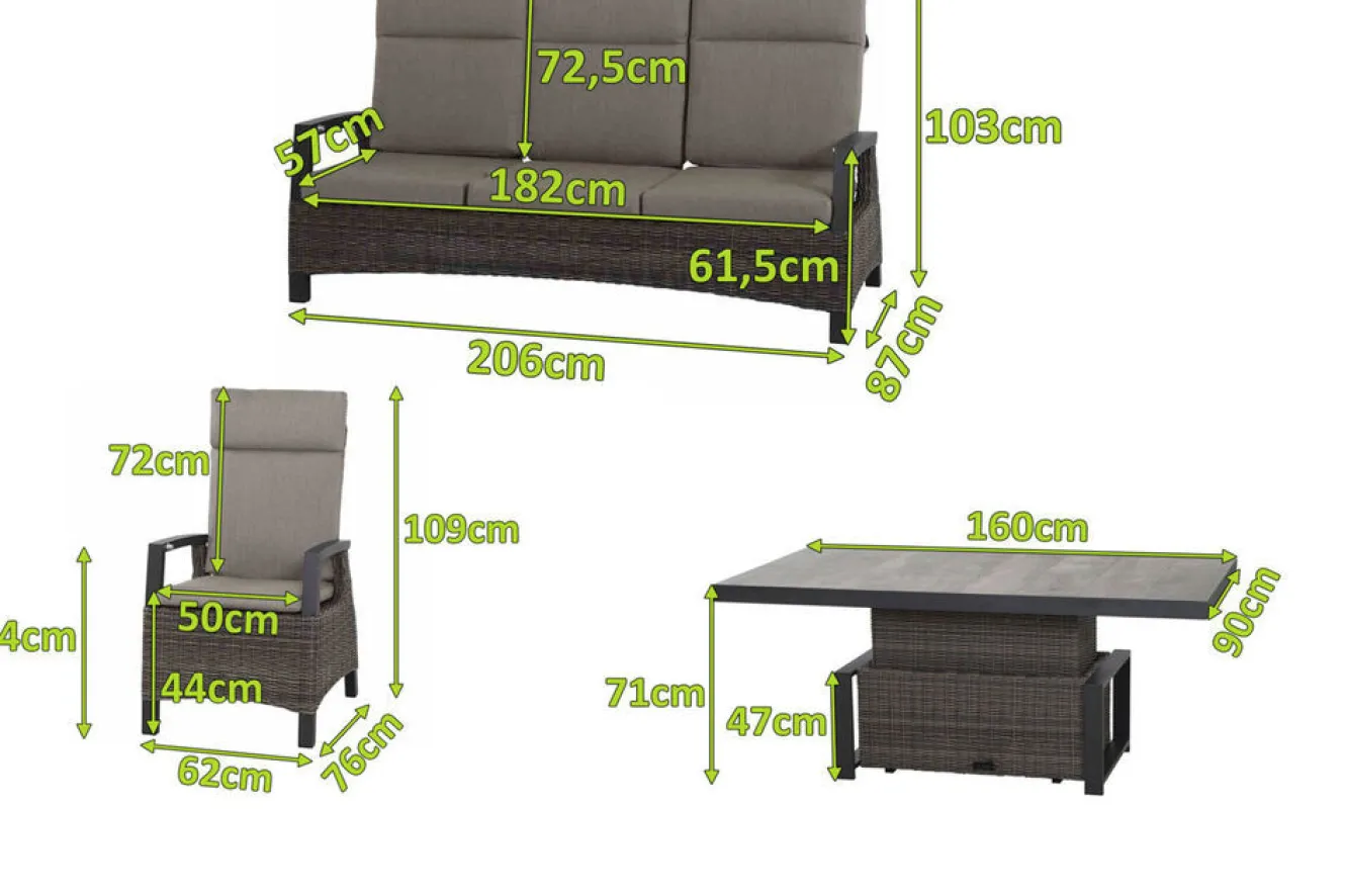 SIENA GARDEN Corido Gartenlounge, charcoal, Alu/Gardino®-Geflecht, 2 Diningsessel + 3er Sofa, stufenloser Lifttisch 160x90x47-71cm