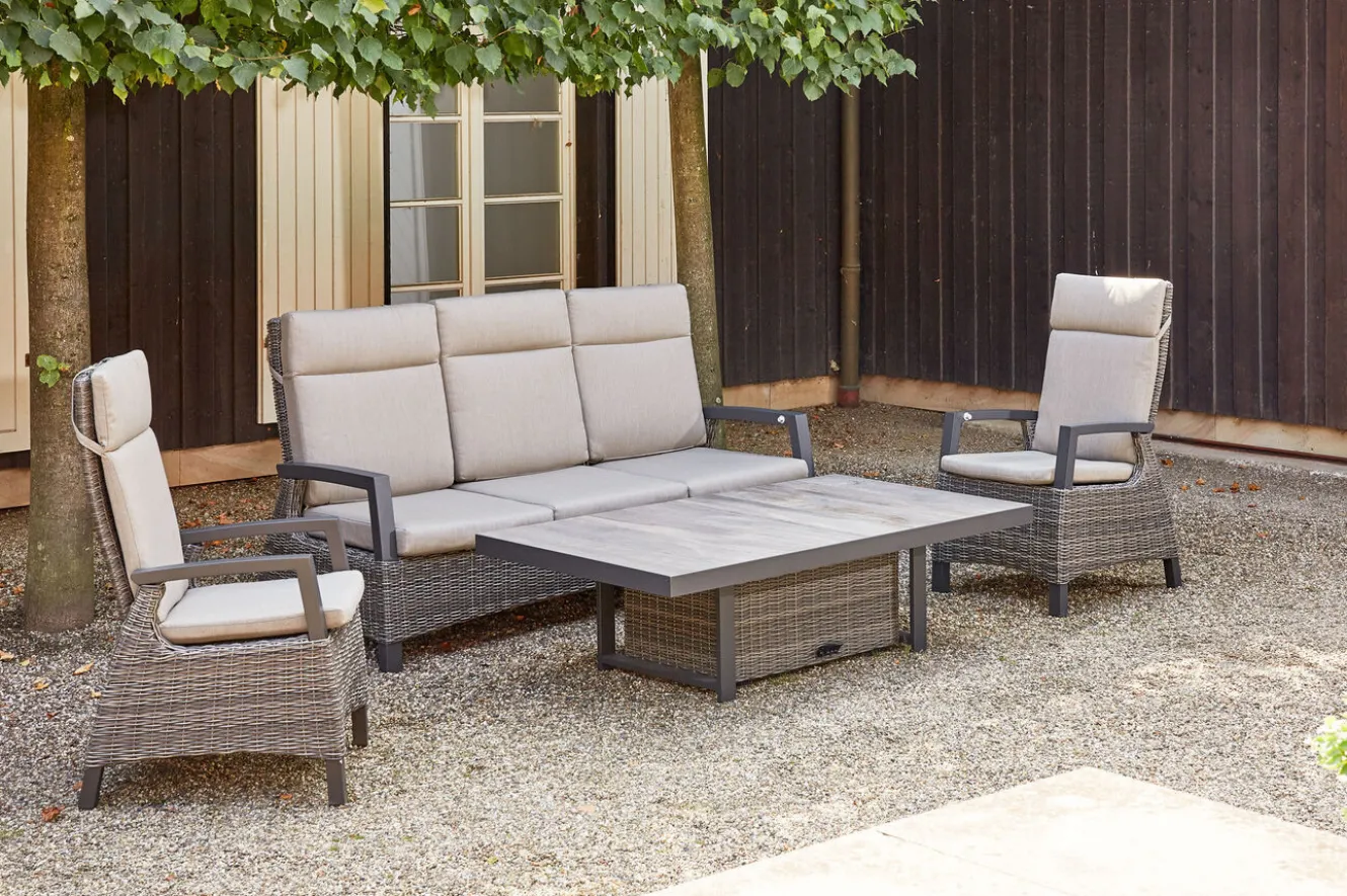 SIENA GARDEN Corido Gartenlounge, charcoal, Alu/Gardino®-Geflecht, 2 Diningsessel + 3er Sofa, stufenloser Lifttisch 160x90x47-71cm