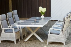 SIENA GARDEN Corido/Sincro Garten-Essgruppe, ice grey/weiß grau, Alu/Gardino®-Geflecht/Keramik, Ausziehtisch 200/260x100 cm, 6 Diningsessel