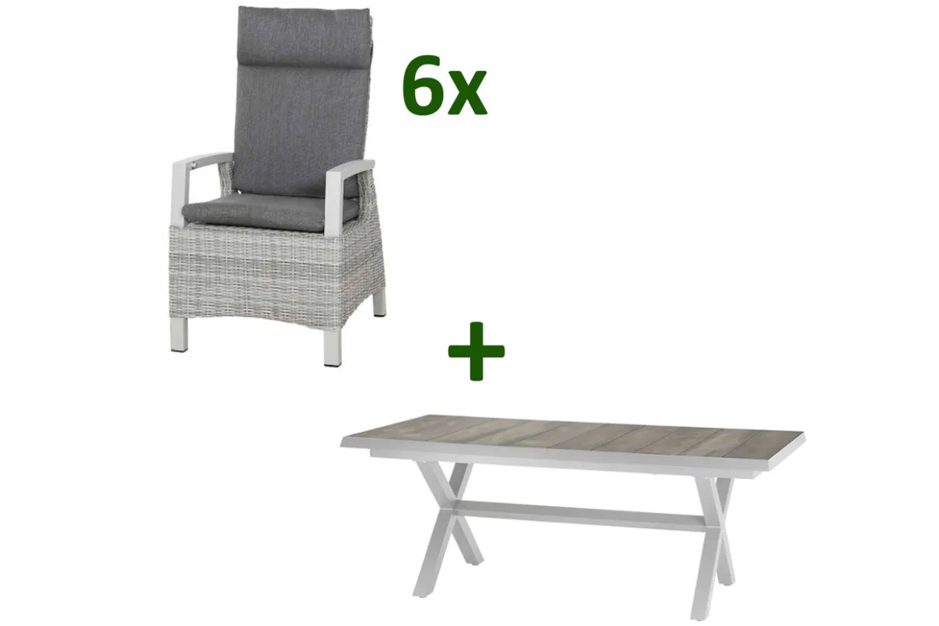 SIENA GARDEN Corido/Sincro Garten-Essgruppe, ice grey/weiß grau, Alu/Gardino®-Geflecht/Keramik, Ausziehtisch 200/260x100 cm, 6 Diningsessel