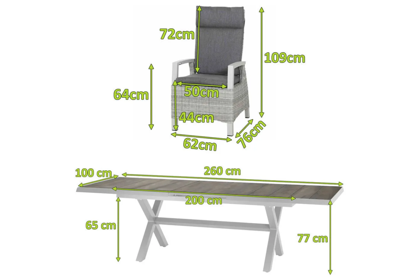 SIENA GARDEN Corido/Sincro Garten-Essgruppe, ice grey/weiß grau, Alu/Gardino®-Geflecht/Keramik, Ausziehtisch 200/260x100 cm, 8 Dining Move Sessel