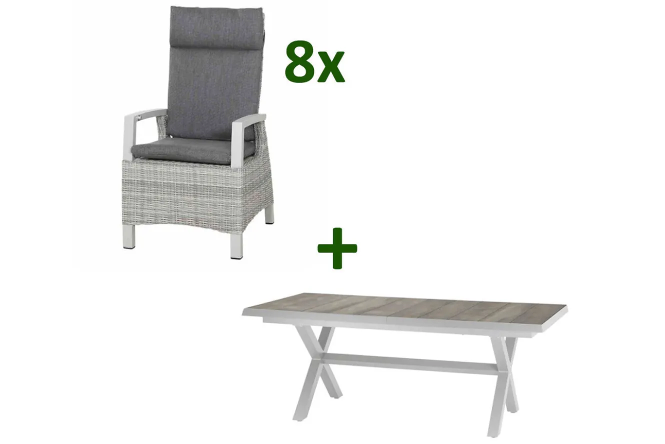 SIENA GARDEN Corido/Sincro Garten-Essgruppe, ice grey/weiß grau, Alu/Gardino®-Geflecht/Keramik, Ausziehtisch 200/260x100 cm, 8 Dining Move Sessel