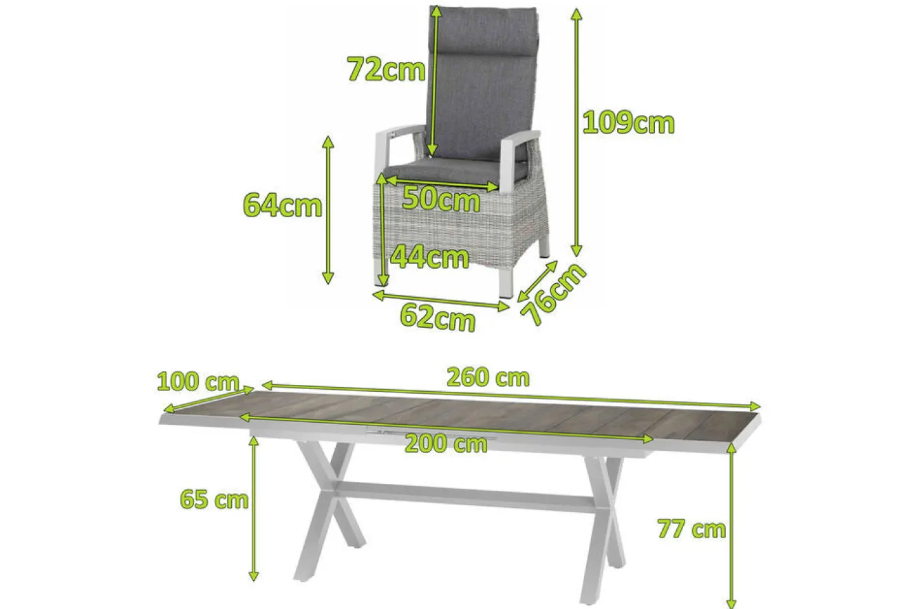 SIENA GARDEN Corido/Sincro Garten-Essgruppe, ice grey/weiß grau, Alu/Gardino®-Geflecht/Keramik, Ausziehtisch 200/260x100 cm, 4 Dining Move Sessel