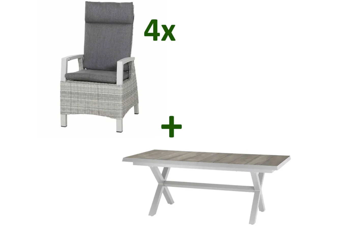 SIENA GARDEN Corido/Sincro Garten-Essgruppe, ice grey/weiß grau, Alu/Gardino®-Geflecht/Keramik, Ausziehtisch 200/260x100 cm, 4 Dining Move Sessel
