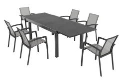 SIENA GARDEN Garten-Essgruppe, anthrazit matt, Alu/Spraystone/Ranotex, Tisch 160/260 x 100 cm, inkl. 6 Stapelsessel