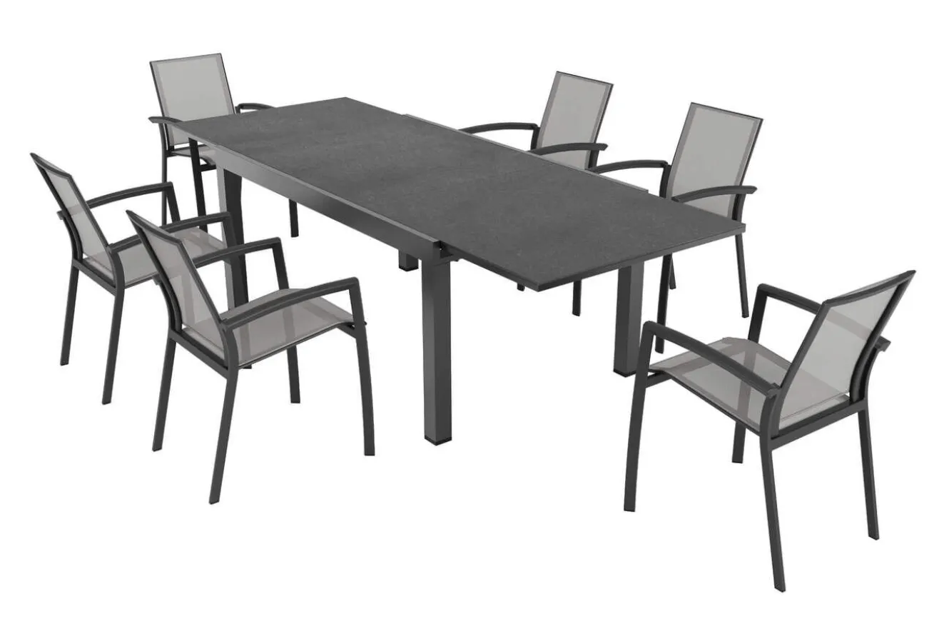 SIENA GARDEN Garten-Essgruppe, anthrazit matt, Alu/Spraystone/Ranotex, Tisch 160/260 x 100 cm, inkl. 6 Stapelsessel