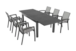 SIENA GARDEN Garten-Essgruppe, anthrazit matt, Alu/Spraystone/Ranotex, Tisch 160/260 x 100 cm, inkl. 6 Stapelsessel
