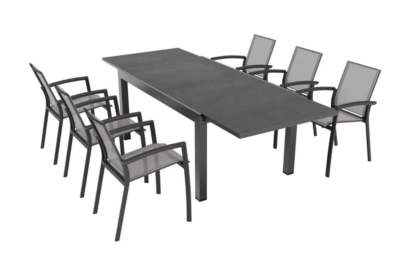 SIENA GARDEN Garten-Essgruppe, anthrazit matt, Alu/Spraystone/Ranotex, Tisch 160/260 x 100 cm, inkl. 6 Stapelsessel
