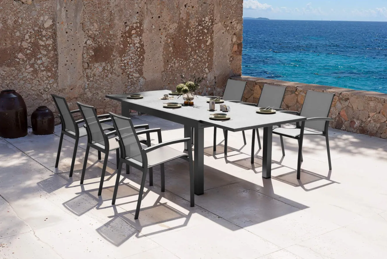 SIENA GARDEN Garten-Essgruppe, anthrazit matt, Alu/Spraystone/Ranotex, Tisch 160/260 x 100 cm, inkl. 6 Stapelsessel