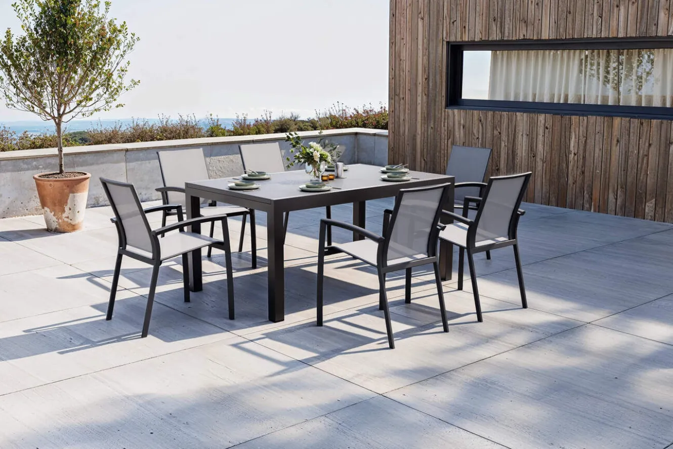 SIENA GARDEN Garten-Essgruppe, anthrazit matt, Alu/Spraystone/Ranotex, Tisch 160/260 x 100 cm, inkl. 6 Stapelsessel