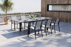 SIENA GARDEN Garten-Essgruppe, anthrazit matt, Alu/Spraystone/Ranotex, Tisch 160/260 x 100 cm, inkl. 6 Stapelsessel