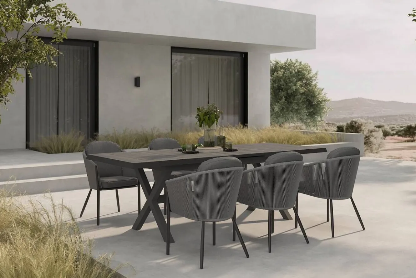 SIENA GARDEN Garten-Essgruppe, anthrazit/dunkelgrau, Alu/Keramik Rope-Geflecht, ausziehbare Tischplatte 200/260 x 100 cm, 6 Diningsessel