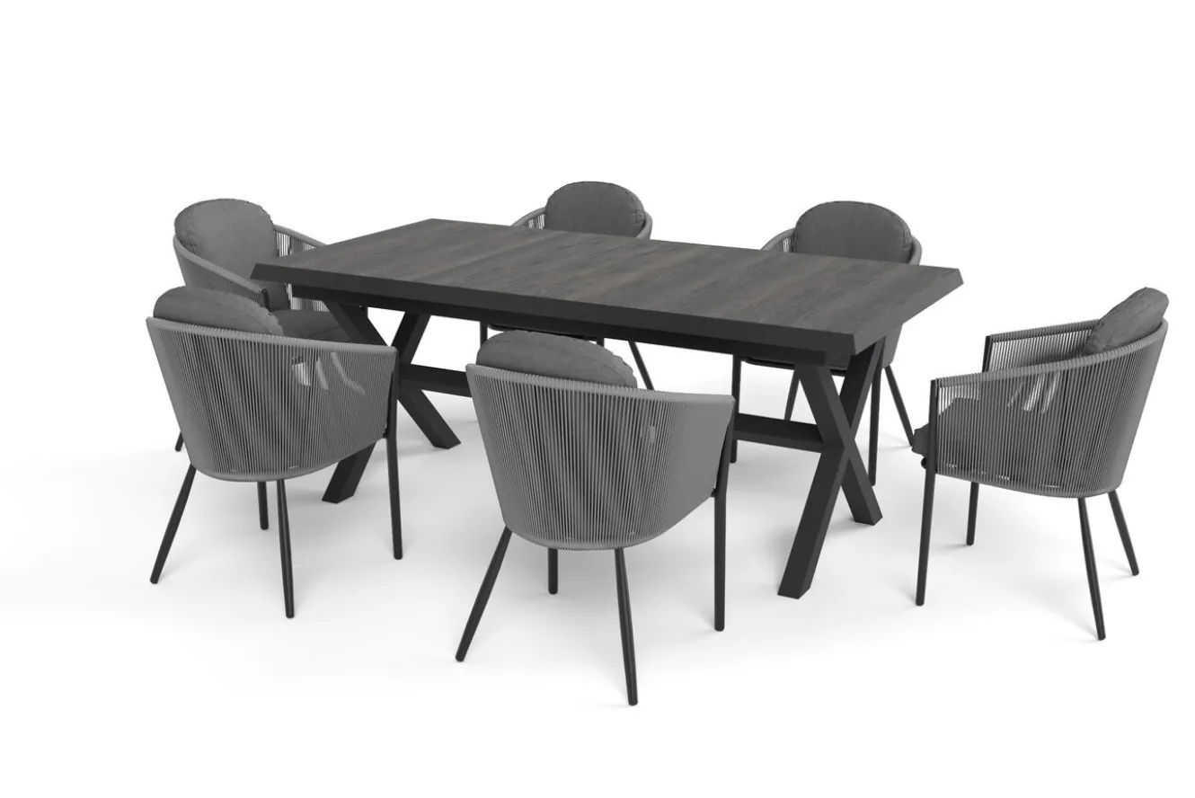SIENA GARDEN Garten-Essgruppe, anthrazit/dunkelgrau, Alu/Keramik Rope-Geflecht, ausziehbare Tischplatte 200/260 x 100 cm, 6 Diningsessel