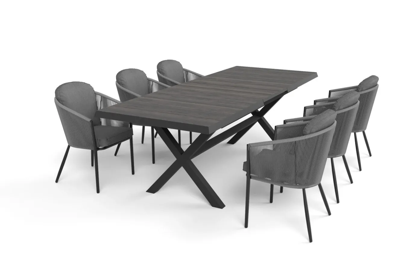 SIENA GARDEN Garten-Essgruppe, anthrazit/dunkelgrau, Alu/Keramik Rope-Geflecht, ausziehbare Tischplatte 200/260 x 100 cm, 6 Diningsessel