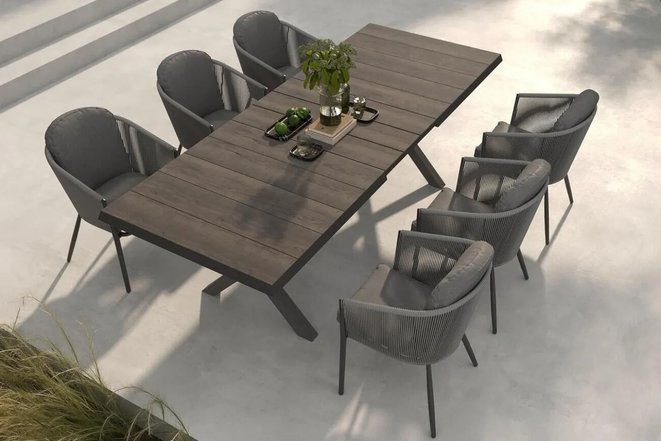 SIENA GARDEN Garten-Essgruppe, anthrazit/dunkelgrau, Alu/Keramik Rope-Geflecht, ausziehbare Tischplatte 200/260 x 100 cm, 6 Diningsessel