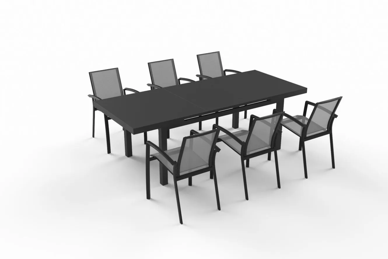 SIENA GARDEN Garten-Essgruppe, anthrazit/grau, Aluminium/Ranotex-Gewebe, Ausziehtisch 180/240 x 100 cm, inkl. 6 Stapelsessel