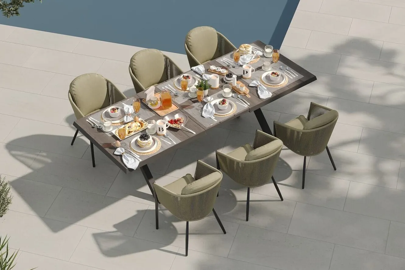 SIENA GARDEN Garten-Essgruppe, anthrazit/grün, Alu/Keramik/Rope-Geflecht, ausziehbarer Tisch 200/260 x 100 cm, 6 Diningsessel