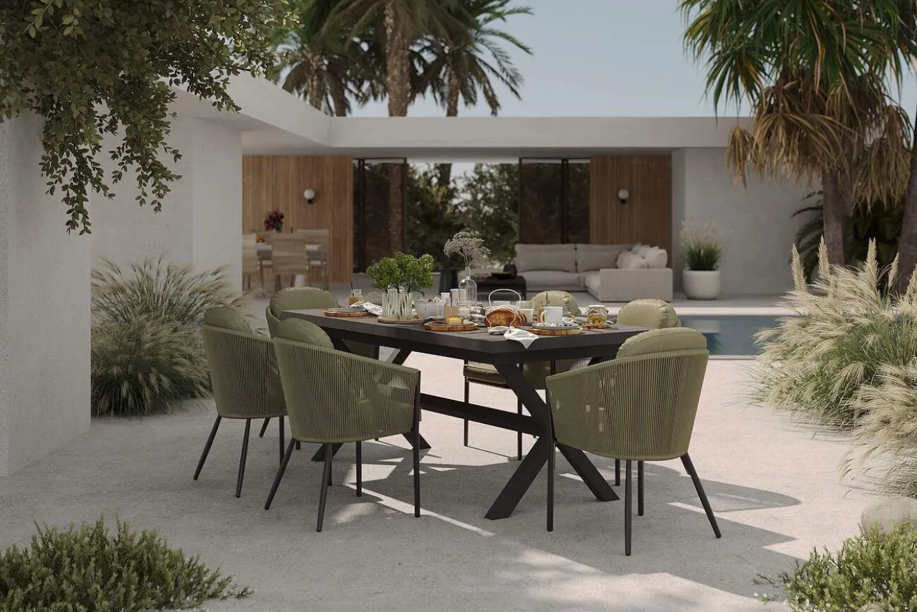 SIENA GARDEN Garten-Essgruppe, anthrazit/grün, Alu/Keramik/Rope-Geflecht, ausziehbarer Tisch 200/260 x 100 cm, 6 Diningsessel