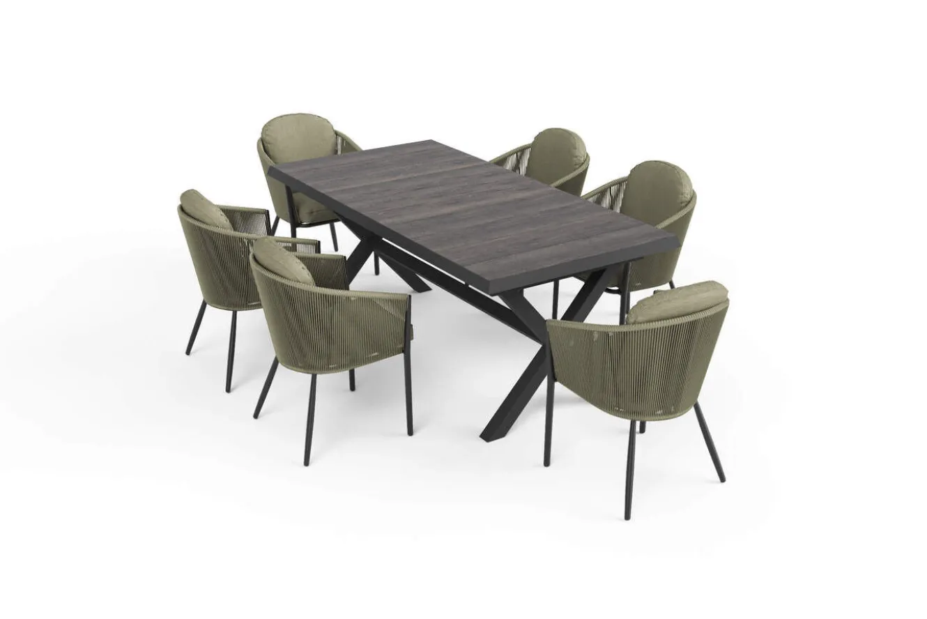 SIENA GARDEN Garten-Essgruppe, anthrazit/grün, Alu/Keramik/Rope-Geflecht, ausziehbarer Tisch 200/260 x 100 cm, 6 Diningsessel