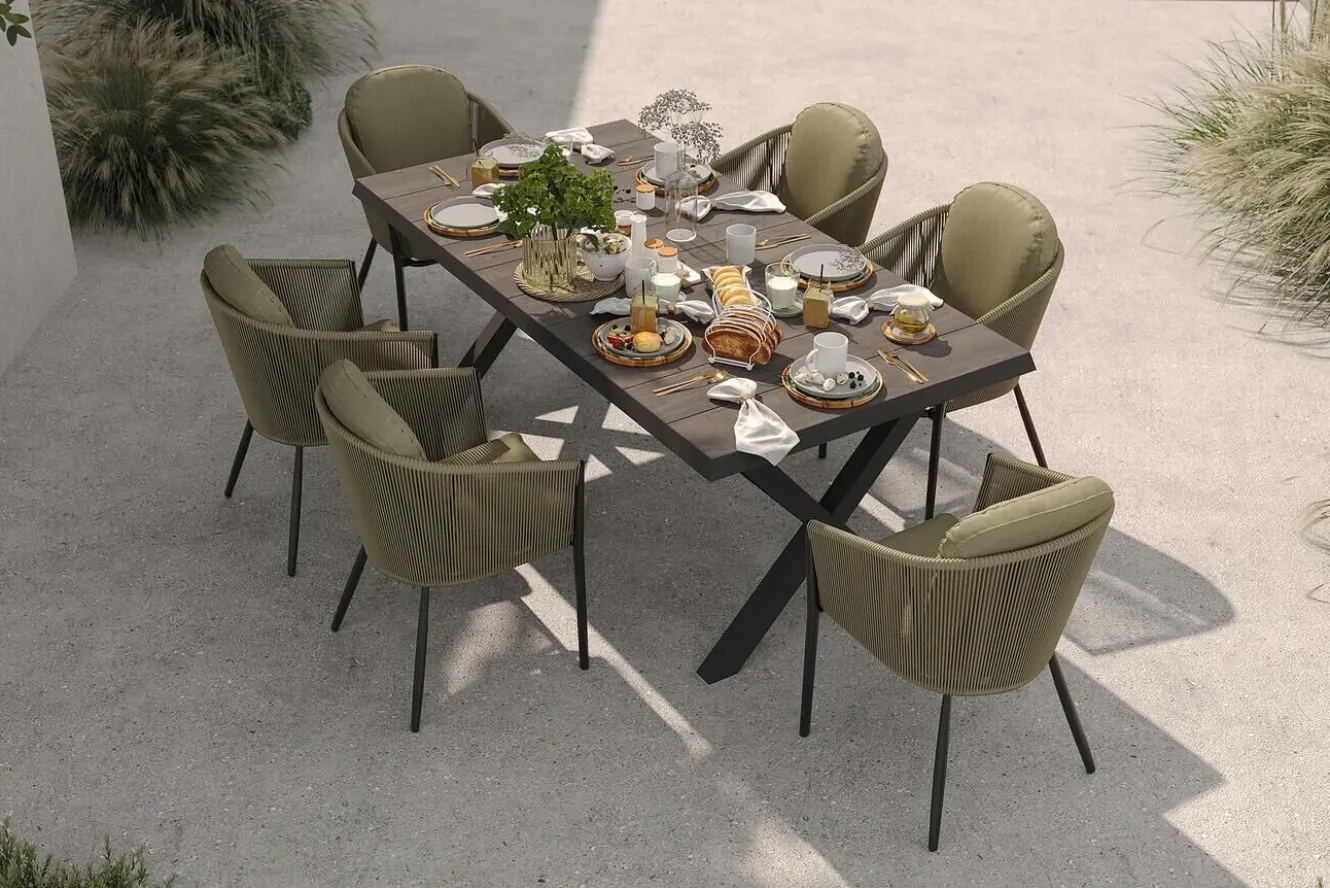 SIENA GARDEN Garten-Essgruppe, anthrazit/grün, Alu/Keramik/Rope-Geflecht, ausziehbarer Tisch 200/260 x 100 cm, 6 Diningsessel