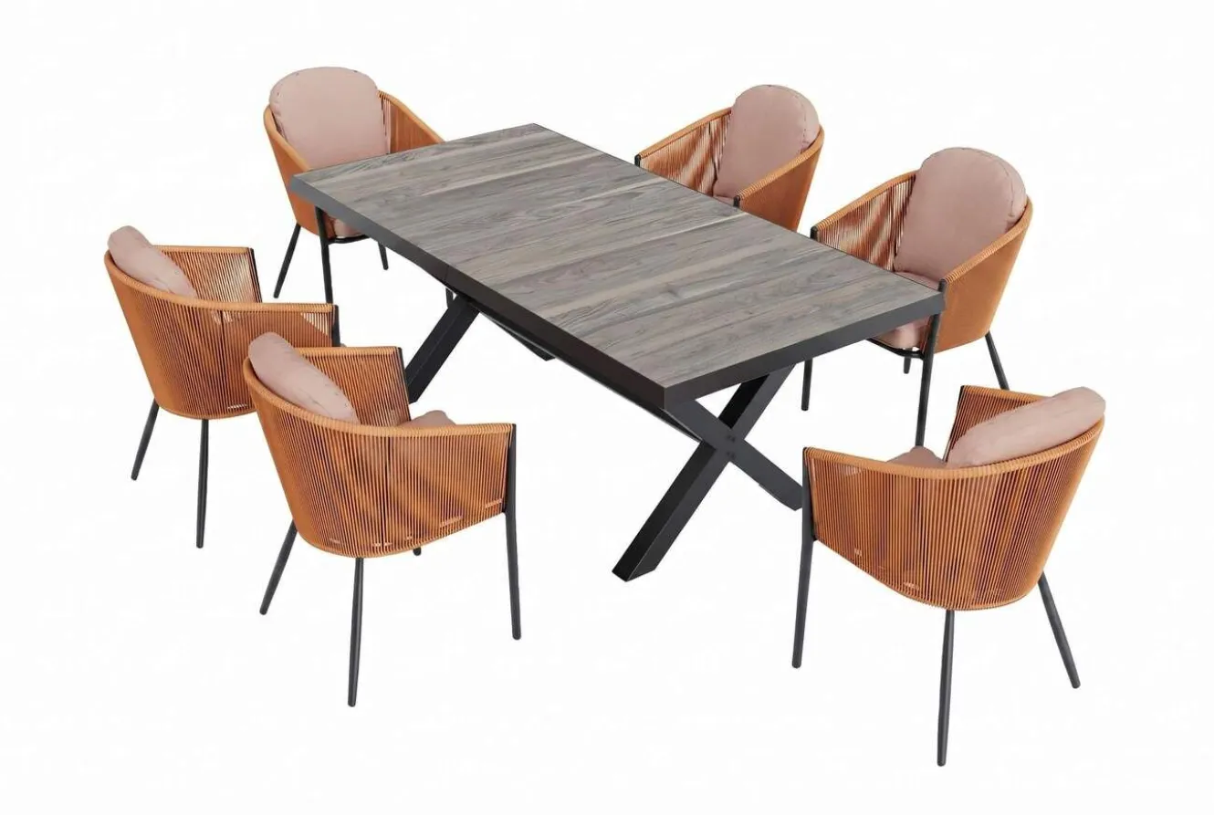 SIENA GARDEN Garten-Essgruppe, anthrazit/orange, Alu/Rope-Geflecht, ausziehbare Tischplatte 200/260 x 100 cm, 6 Diningsessel