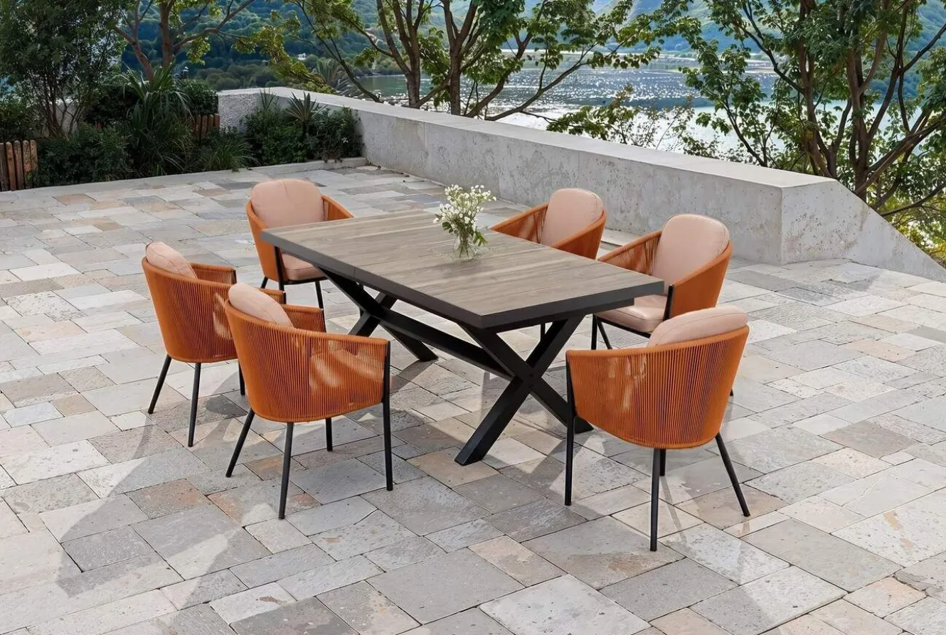SIENA GARDEN Garten-Essgruppe, anthrazit/orange, Alu/Rope-Geflecht, ausziehbare Tischplatte 200/260 x 100 cm, 6 Diningsessel
