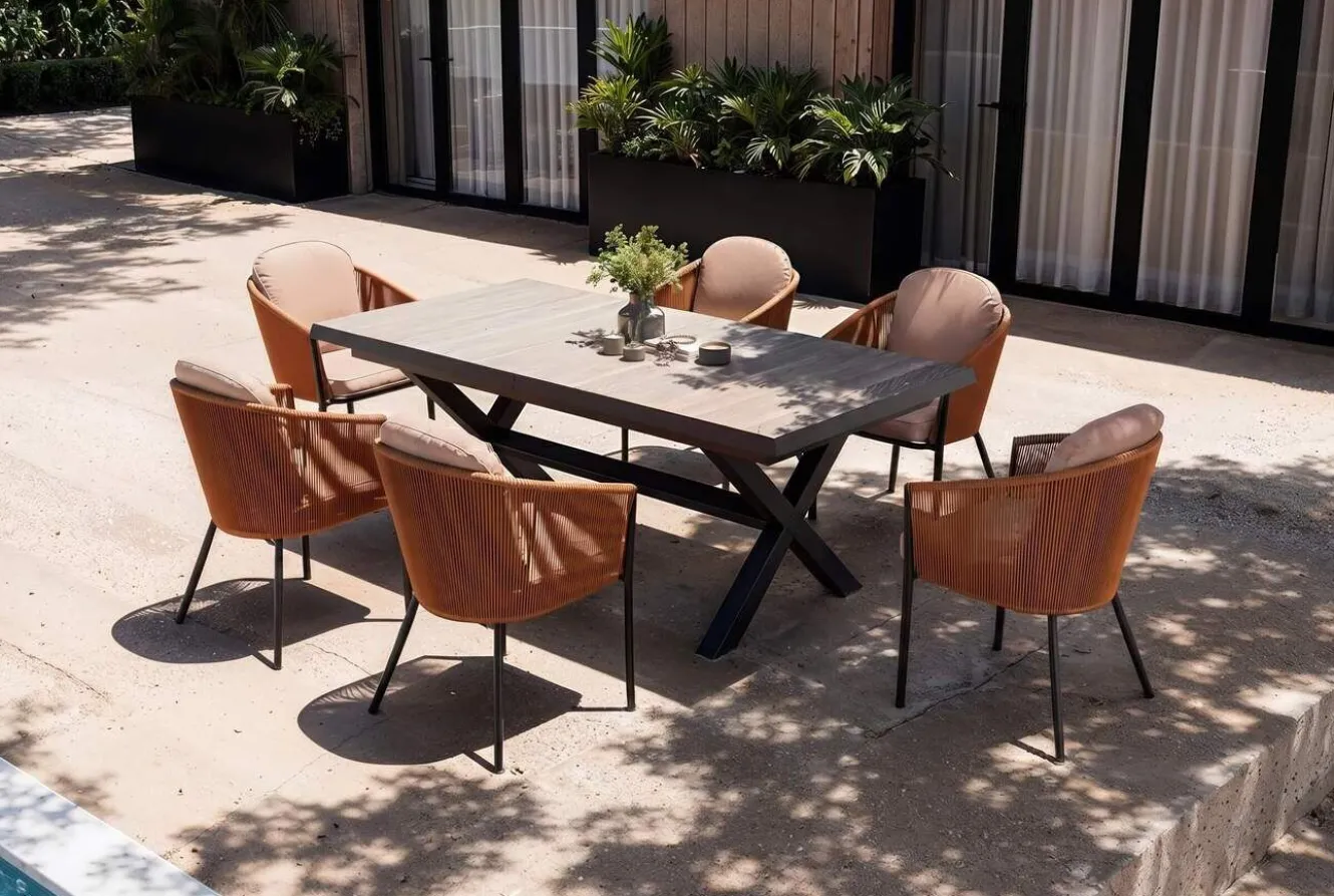 SIENA GARDEN Garten-Essgruppe, anthrazit/orange, Alu/Rope-Geflecht, ausziehbare Tischplatte 200/260 x 100 cm, 6 Diningsessel