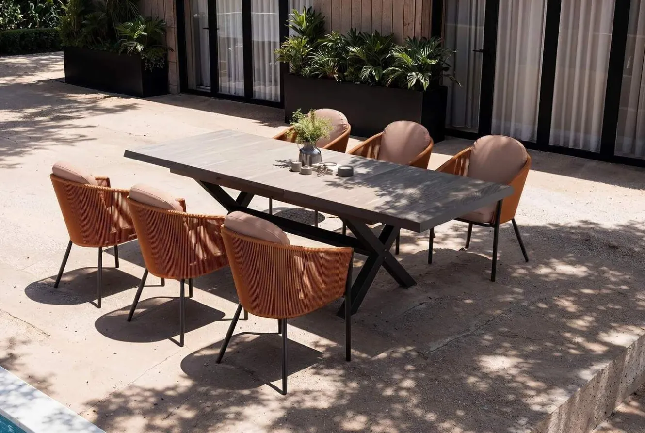 SIENA GARDEN Garten-Essgruppe, anthrazit/orange, Alu/Rope-Geflecht, ausziehbare Tischplatte 200/260 x 100 cm, 6 Diningsessel