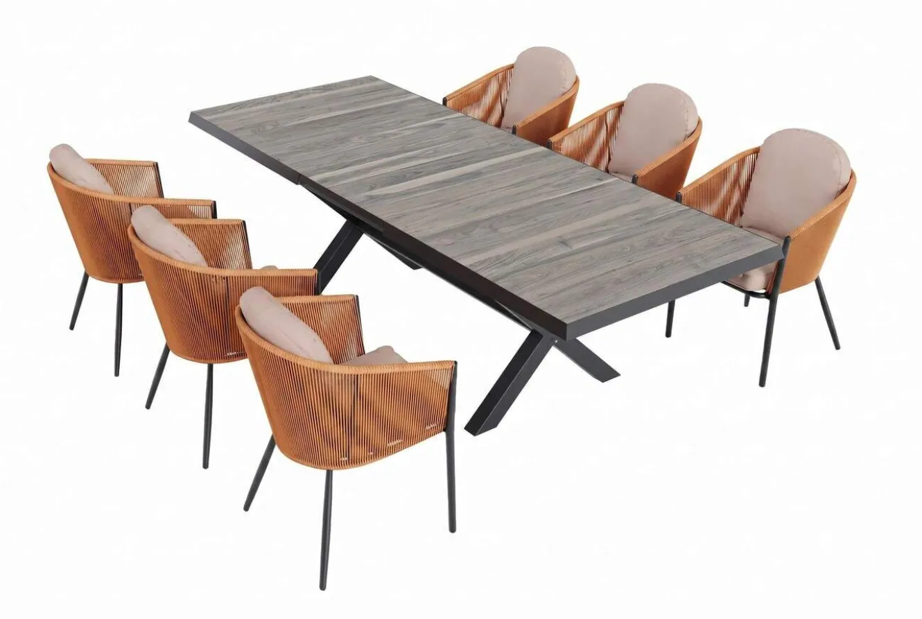 SIENA GARDEN Garten-Essgruppe, anthrazit/orange, Alu/Rope-Geflecht, ausziehbare Tischplatte 200/260 x 100 cm, 6 Diningsessel