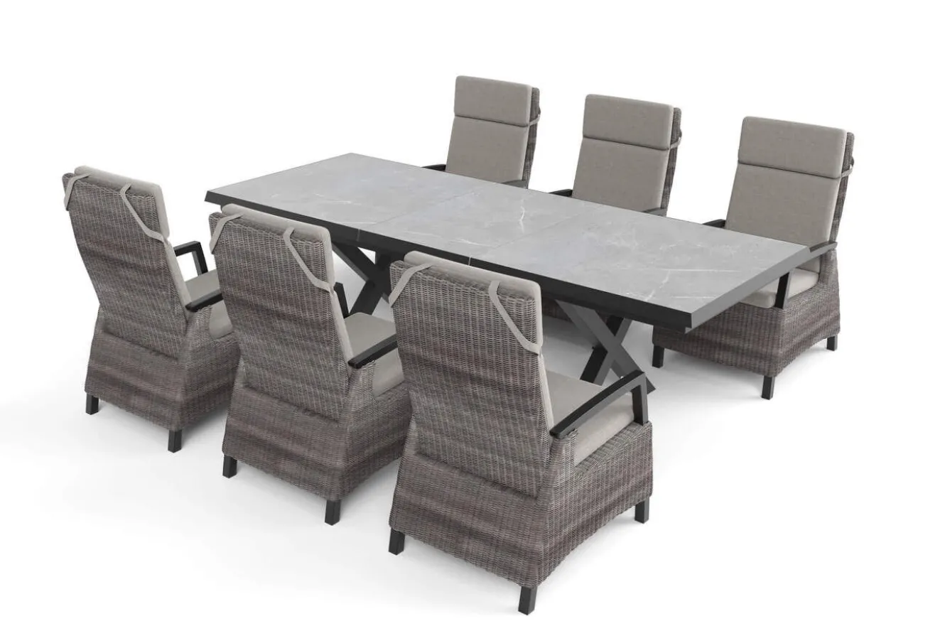 SIENA GARDEN Garten-Essgruppe, schwarz/grau, Alu/Polyrattan, Tischplatte ausziehbar 200/260 x 100 cm, inkl. 6 Diningsessel