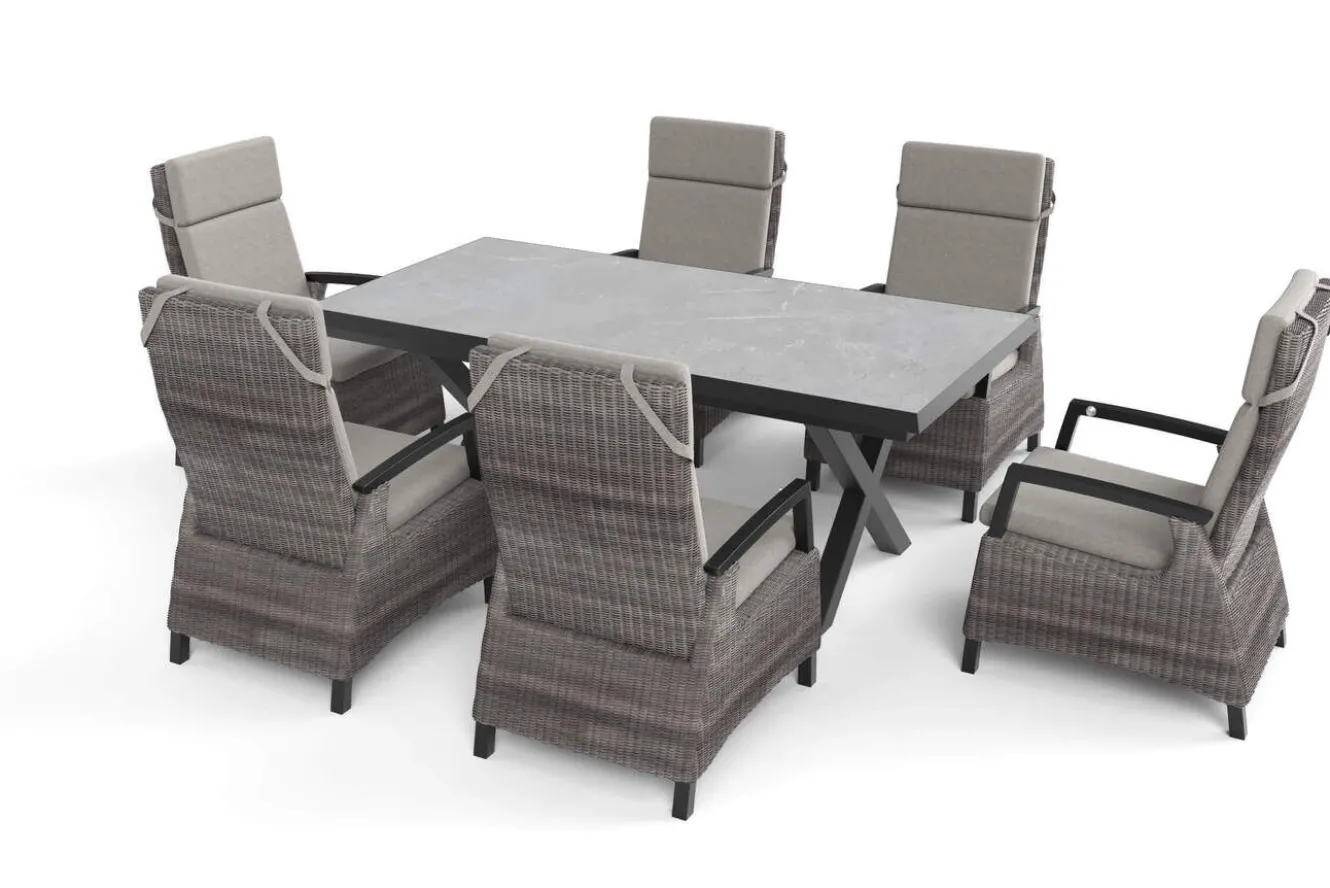 SIENA GARDEN Garten-Essgruppe, schwarz/grau, Alu/Polyrattan, Tischplatte ausziehbar 200/260 x 100 cm, inkl. 6 Diningsessel