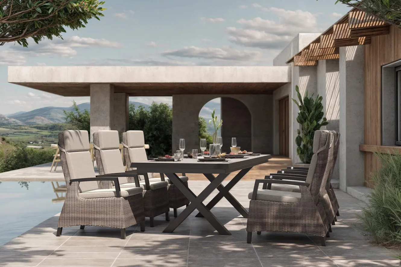 SIENA GARDEN Garten-Essgruppe, schwarz/grau, Alu/Polyrattan, Tischplatte ausziehbar 200/260 x 100 cm, inkl. 6 Diningsessel