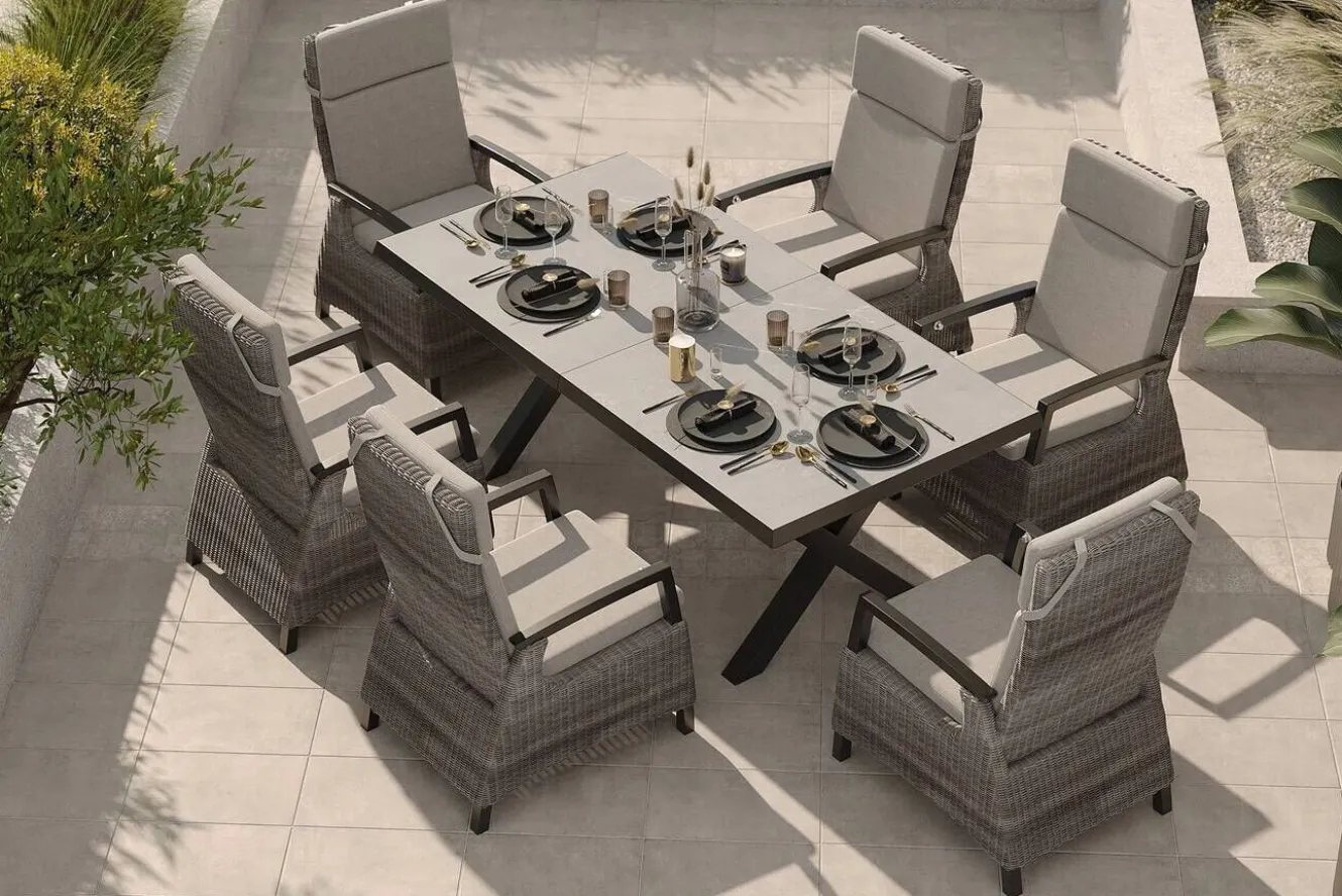 SIENA GARDEN Garten-Essgruppe, schwarz/grau, Alu/Polyrattan, Tischplatte ausziehbar 200/260 x 100 cm, inkl. 6 Diningsessel