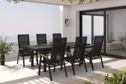 SIENA GARDEN Garten-Essgruppe, matt anthrazit/grau/Teak, Alu/Glas/Textil, 180/240 x 100 cm, ausziehbar