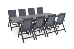SIENA GARDEN Messina Garten-Essgruppe mit 8 Klappstühlen, anthrazit/grau, Alu/Textilene, Ausziehbarer Tisch mit Keramikplatte 200/260 x 100 cm