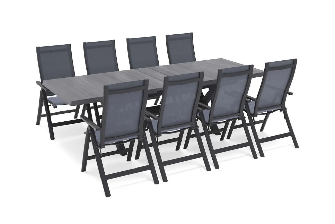 SIENA GARDEN Messina Garten-Essgruppe mit 8 Klappstühlen, anthrazit/grau, Alu/Textilene, Ausziehbarer Tisch mit Keramikplatte 200/260 x 100 cm