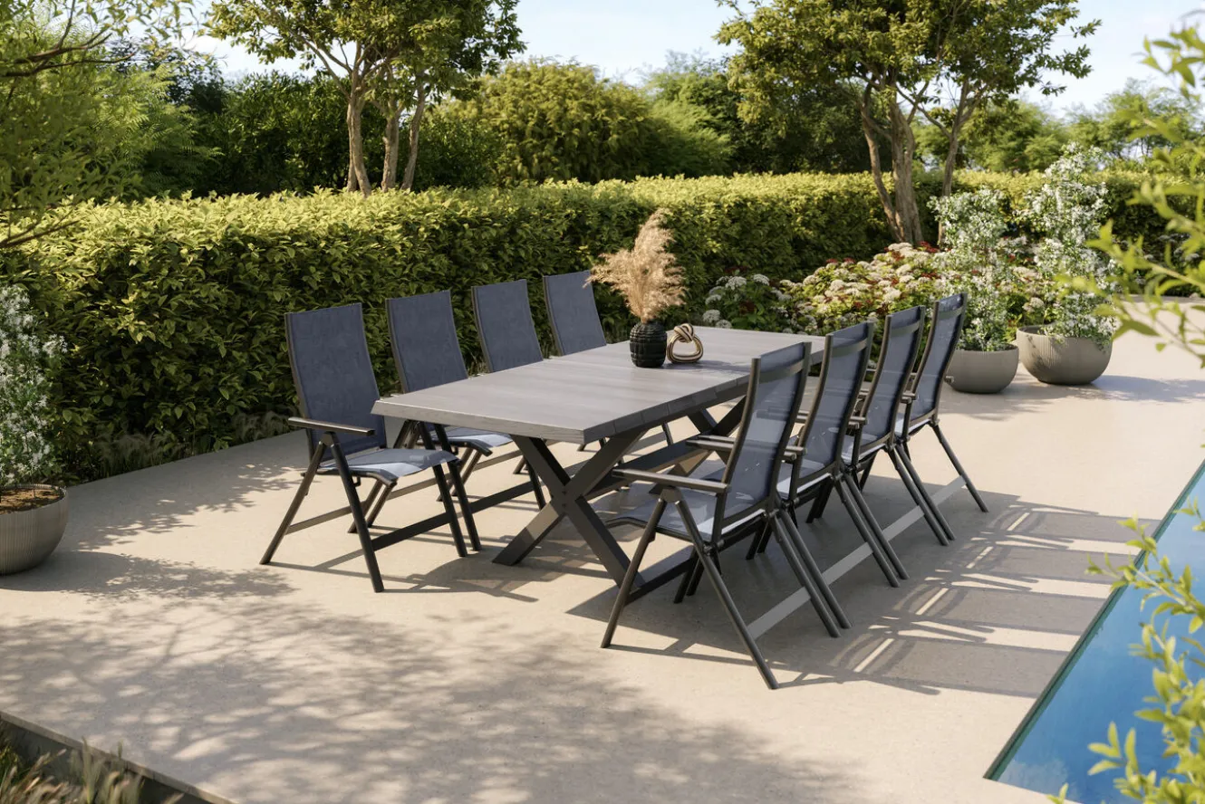 SIENA GARDEN Messina Garten-Essgruppe mit 8 Klappstühlen, anthrazit/grau, Alu/Textilene, Ausziehbarer Tisch mit Keramikplatte 200/260 x 100 cm