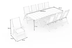 SIENA GARDEN Messina Garten-Essgruppe mit 8 Klappstühlen, anthrazit/grau, Alu/Textilene, Ausziehbarer Tisch mit Keramikplatte 200/260 x 100 cm