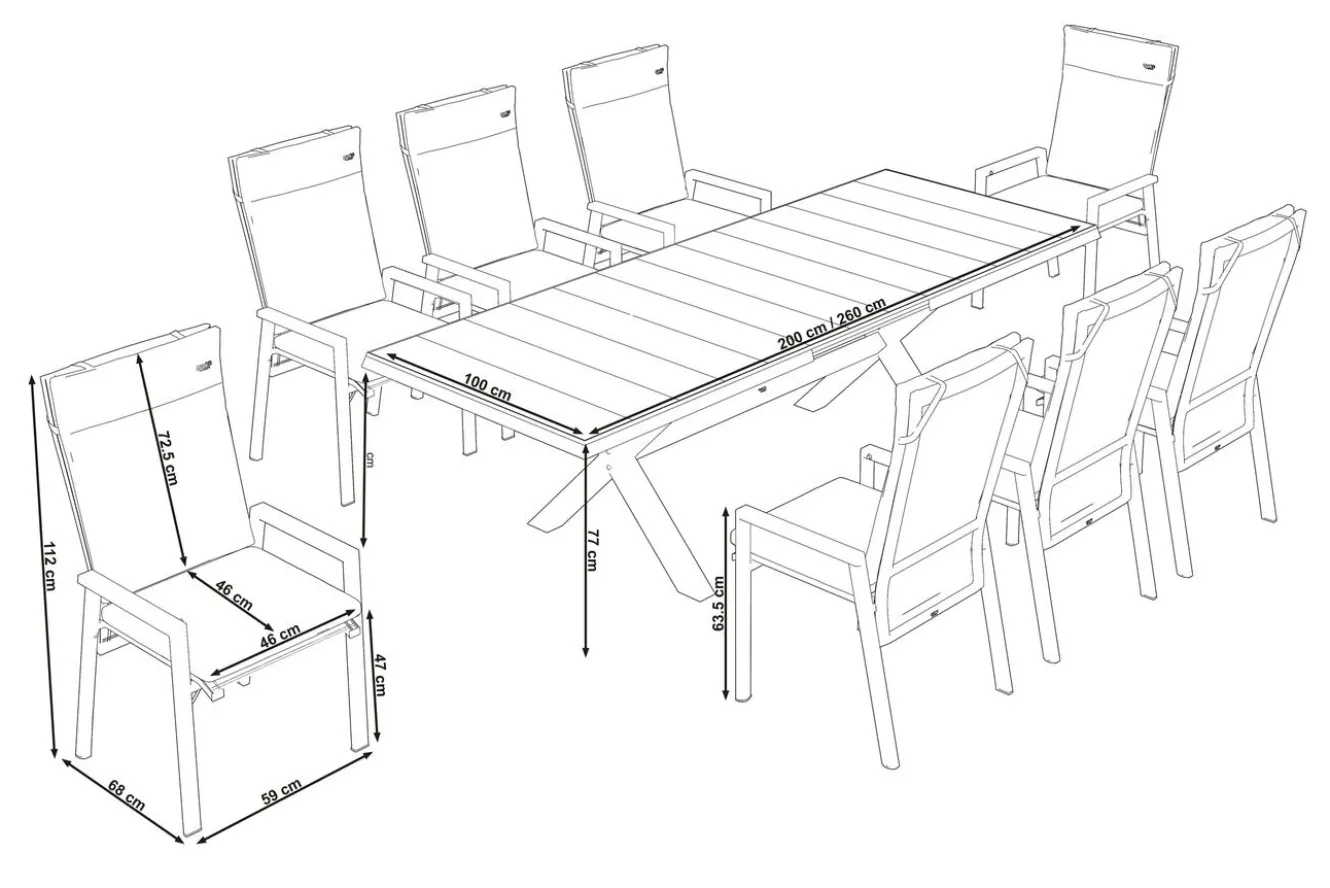SIENA GARDEN Messina/Velia Garten-Essgruppe, anthrazit/grau, Alu/Textilgewebe/Keramik, 200-260x100 cm, inkl. 8 Diningsessel, stufenlos verstellbar