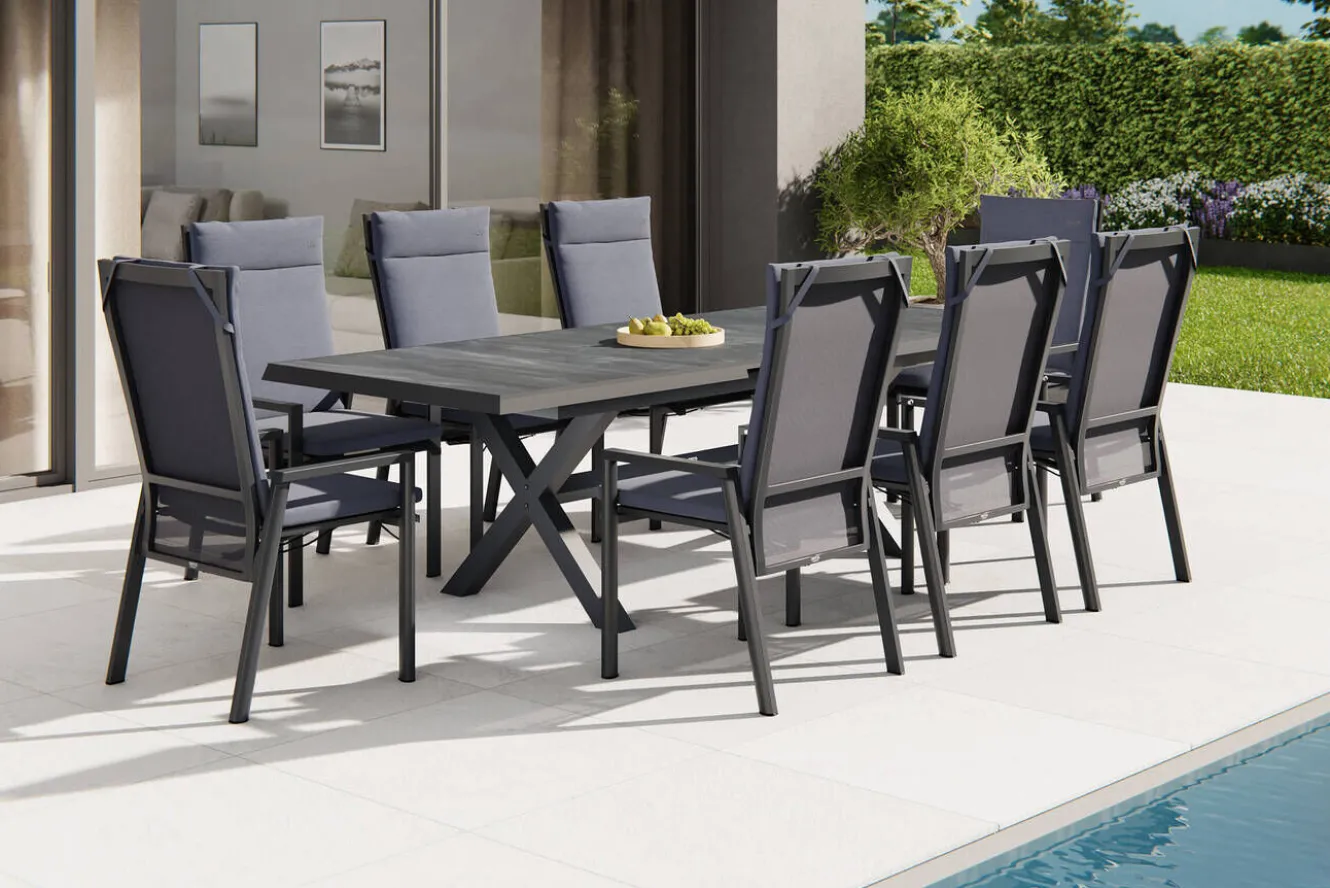 SIENA GARDEN Messina/Velia Garten-Essgruppe, anthrazit/grau, Alu/Textilgewebe/Keramik, 200-260x100 cm, inkl. 8 Diningsessel, stufenlos verstellbar