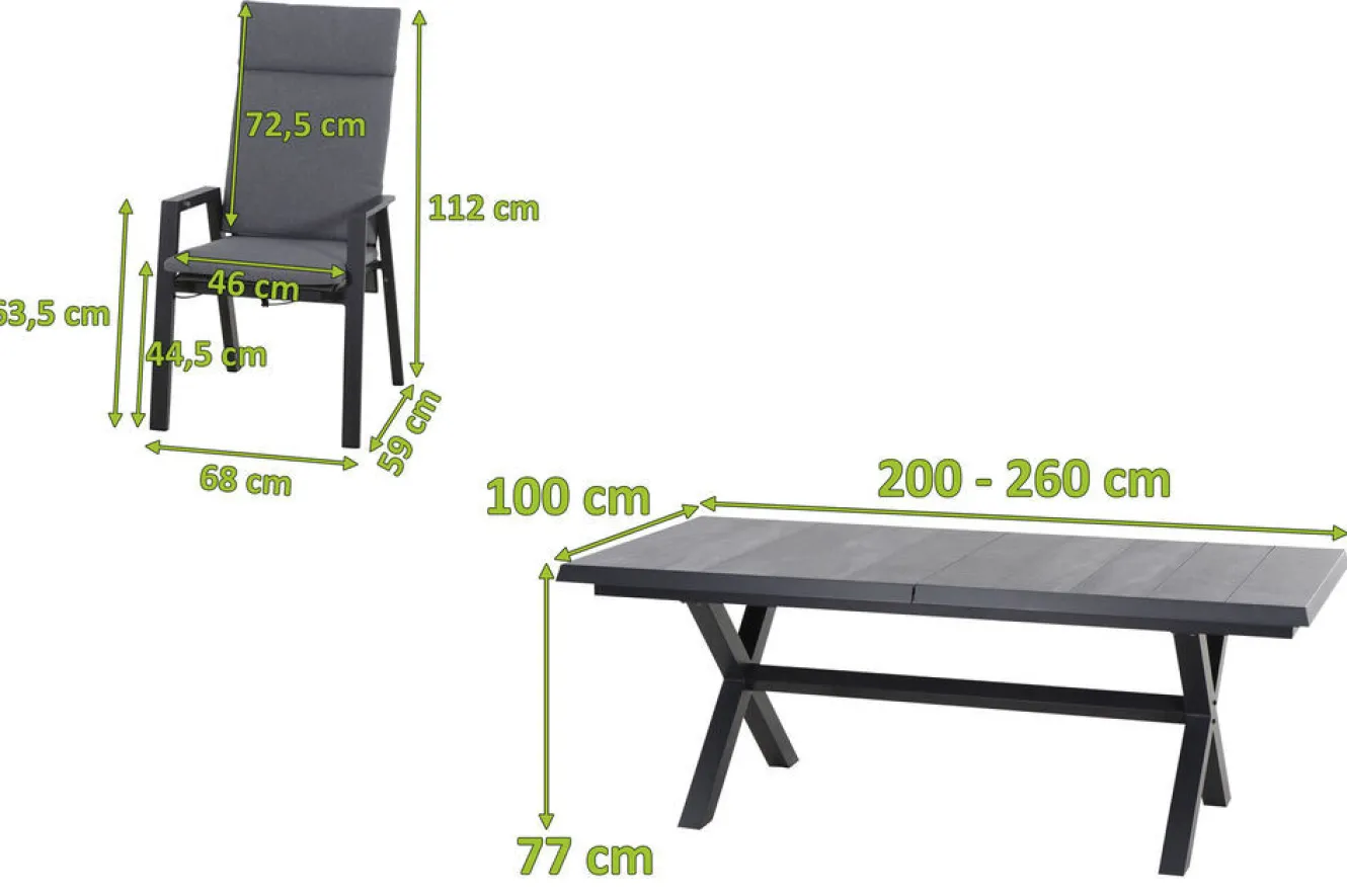 SIENA GARDEN Messina/Velia Garten-Essgruppe, anthrazit/grau, Alu/Textilgewebe/Keramik, 200-260x100 cm, inkl. 6 Diningsessel, stufenlos verstellbar