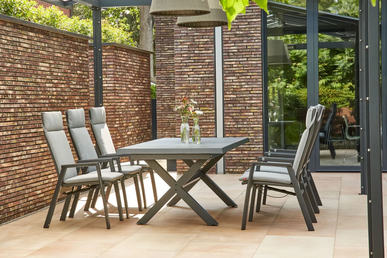 SIENA GARDEN Messina/Velia Garten-Essgruppe, anthrazit/grau, Alu/Textilgewebe/Keramik, 200-260x100 cm, inkl. 6 Diningsessel, stufenlos verstellbar